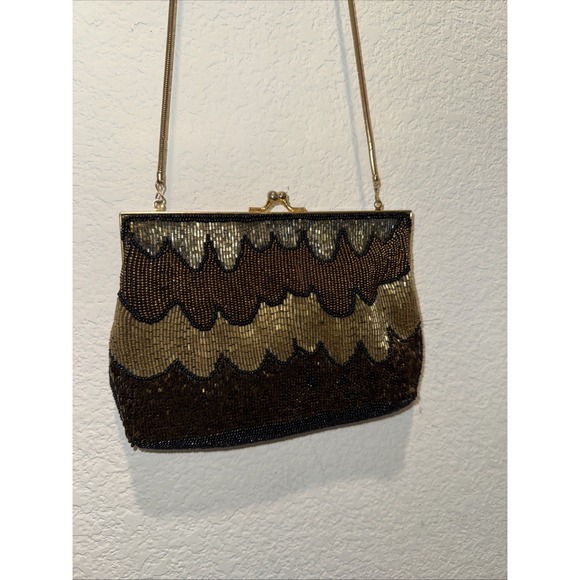 Vintage Heavily Beaded Clutch Evening Bag Handbag Purse Kiss lock Gold Multi Euc - Picture 9 of 13